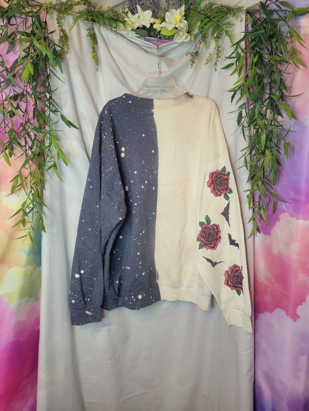 Dark Romance Raven, Skulls & Roses Half & Spotted Custom Bleach Sweater - Picture 6 of 13